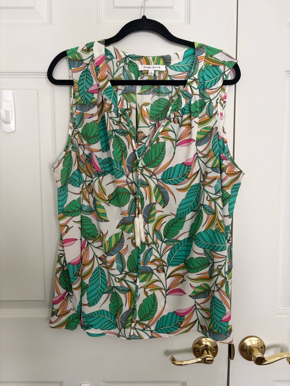 Rose & Olive Tropical Leaf Print Sleeveless Blouse - Pink and Green with white
